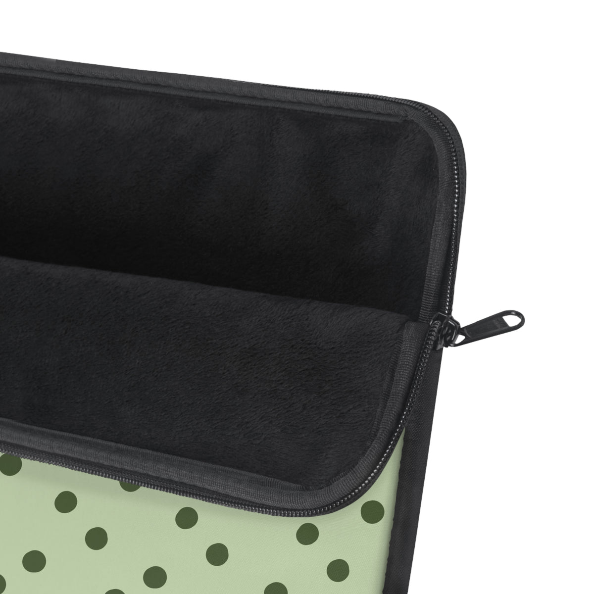 Sage green polka dot laptop sleeve, zipper detail