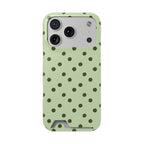 Sage green polka dot phone case with card holder, front view