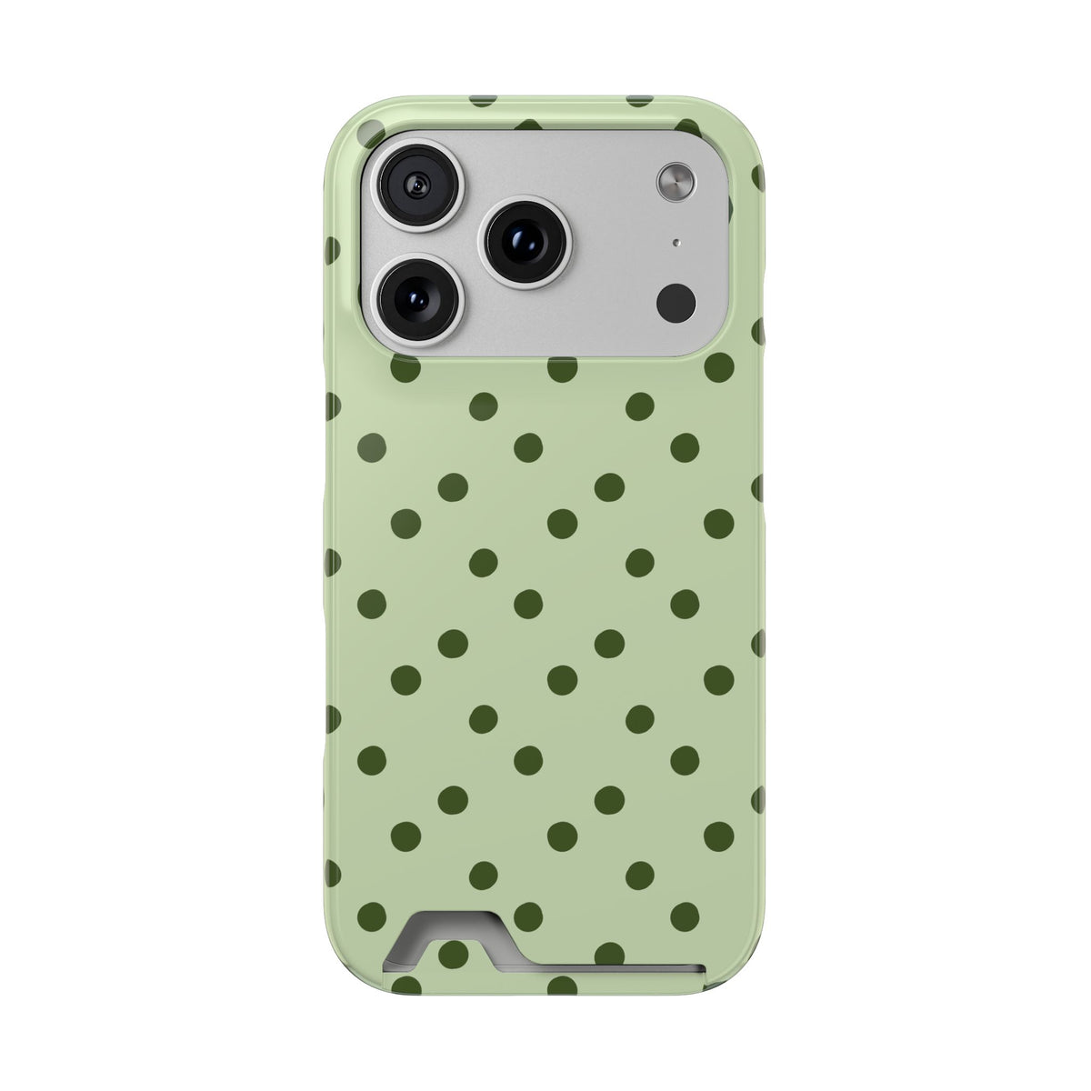 Sage green polka dot phone case with card holder, front view