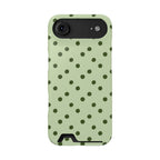Sage green polka dot phone case with card holder, alternate view