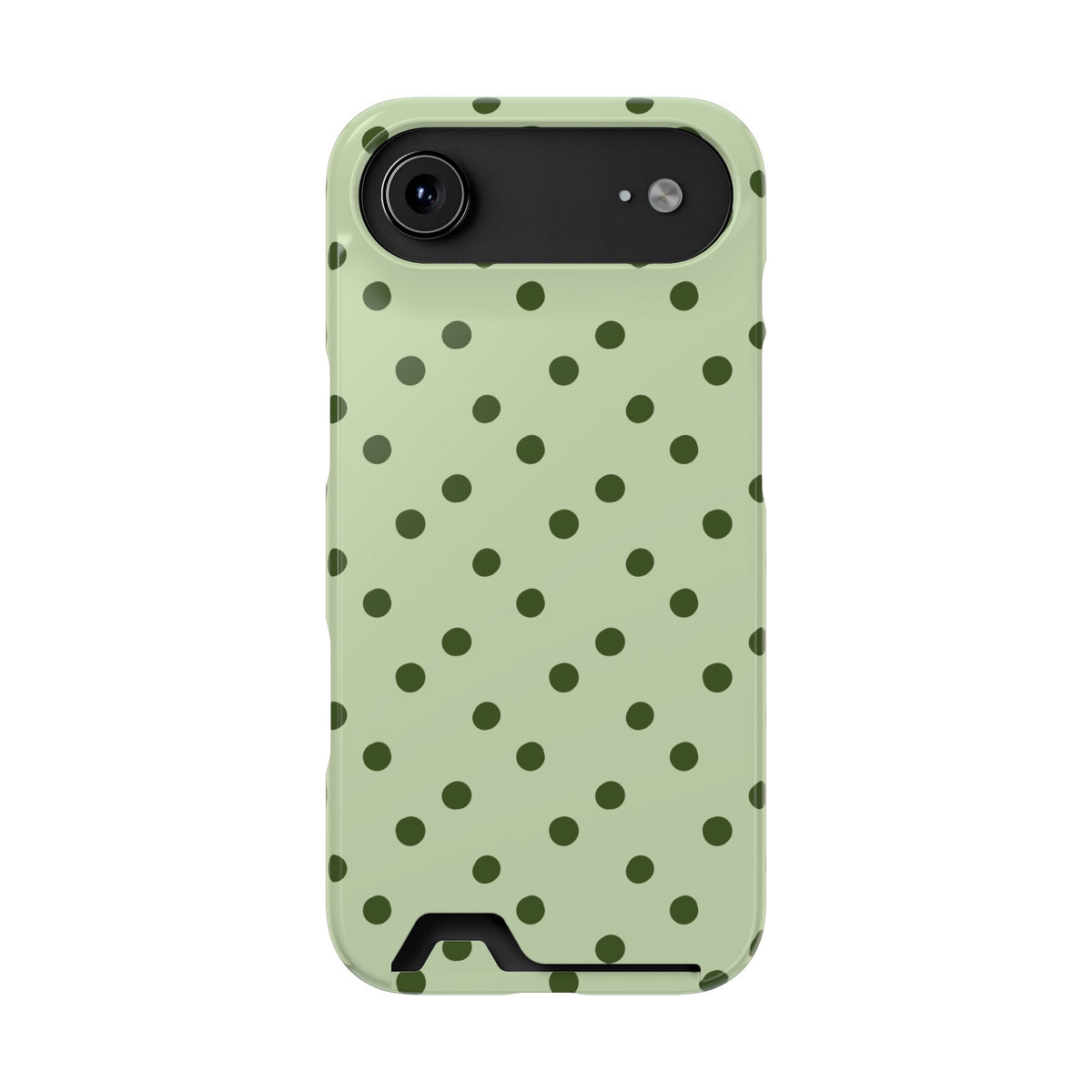 Sage green polka dot phone case with card holder, alternate view