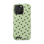 Sage green polka dot phone case with card holder, detail view