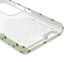 Sage green polka dot phone case with card holder, lifestyle view
