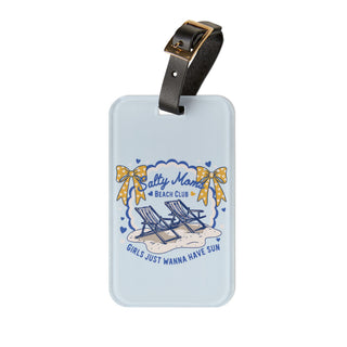 Salty Moms Beach Club luggage tag with beach chairs and yellow bows, black leather strap