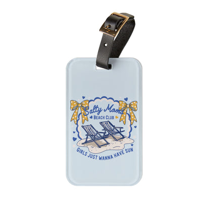 Salty Moms Beach Club luggage tag with beach chairs and yellow bows, black leather strap