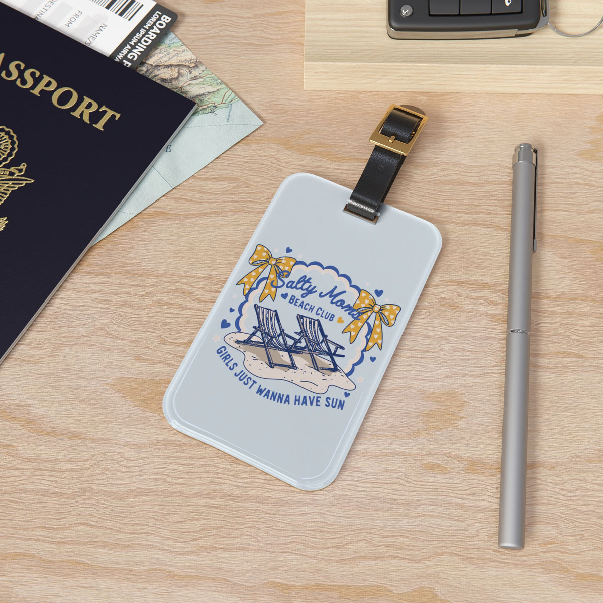 Sky blue beach club luggage tag with striped beach chairs and hearts