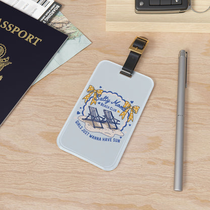 Sky blue beach club luggage tag with striped beach chairs and hearts