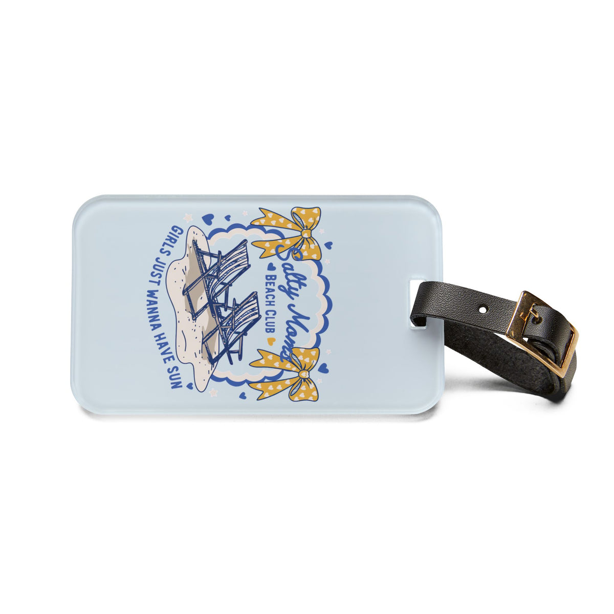 Coquette beach luggage tag on a suitcase handle