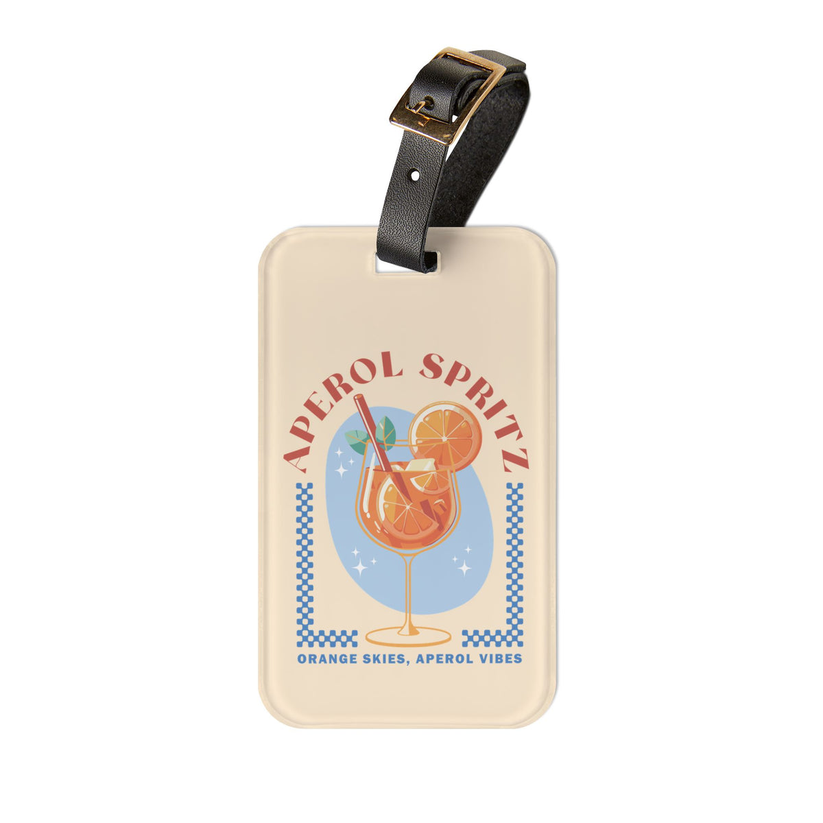 Retro spritz cocktail print acrylic luggage tag with black leather strap