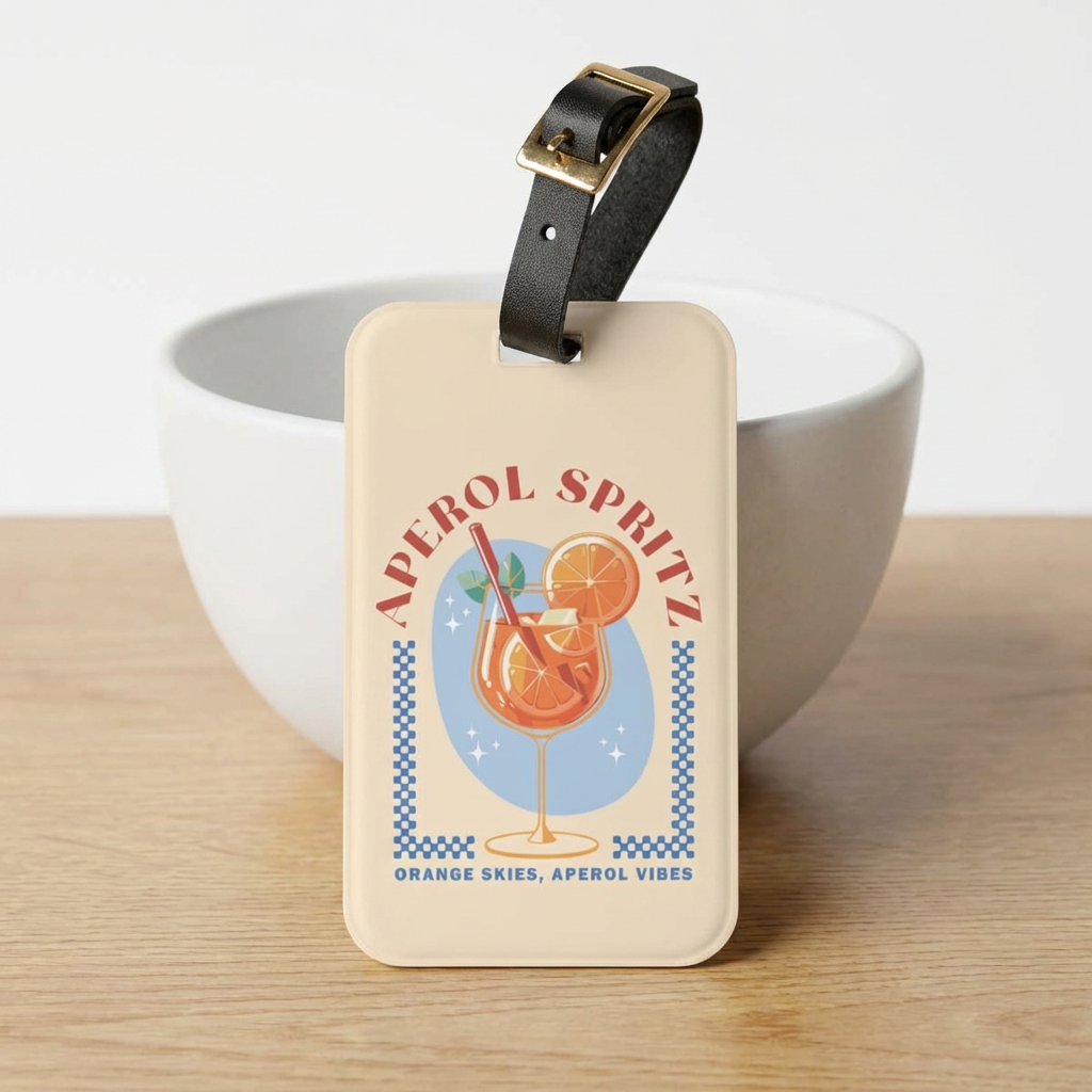 Spritz cocktail luggage tag print detail with blue checkerboard border