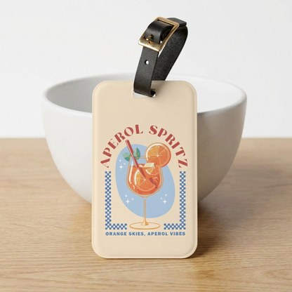 Spritz cocktail luggage tag print detail with blue checkerboard border
