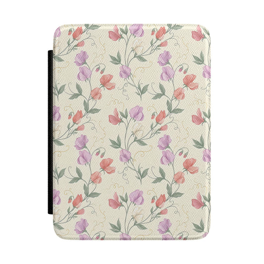 Sweet pea floral Kindle case with lilac and coral blooms on cream