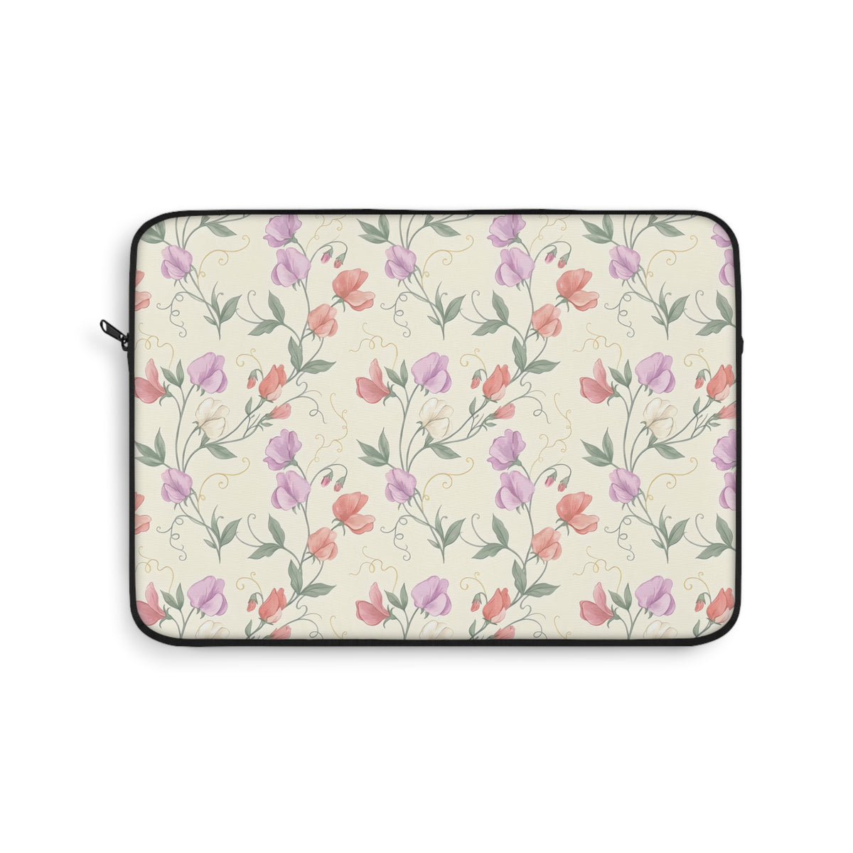 Sweet pea floral laptop sleeve with lilac and coral blooms on cream