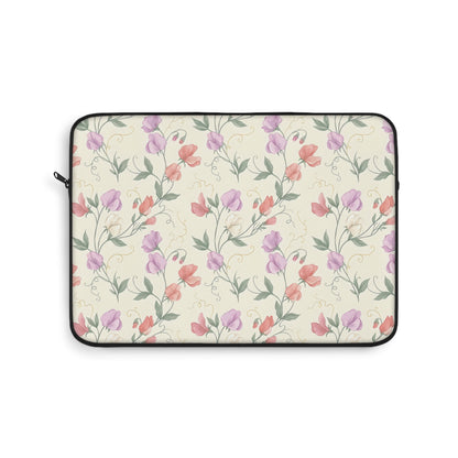 Sweet pea floral laptop sleeve with lilac and coral blooms on cream