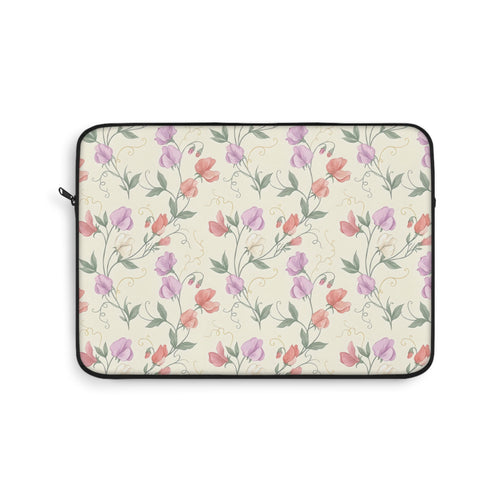 Sweet pea floral laptop sleeve with lilac and coral blooms on cream