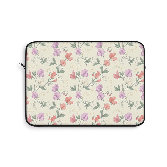 Sweet pea floral laptop sleeve with lilac and coral blooms on cream