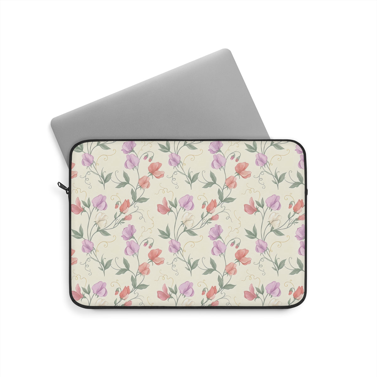 Floral laptop sleeve with a watercolor sweet pea print and black zip