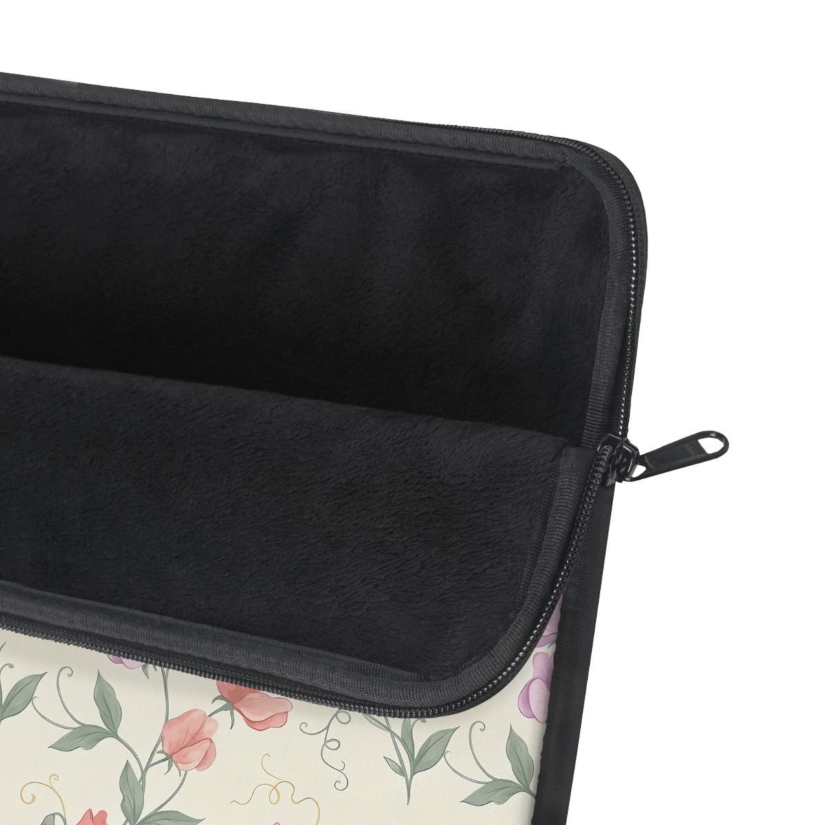 Sweet pea floral laptop sleeve in cream with a black back