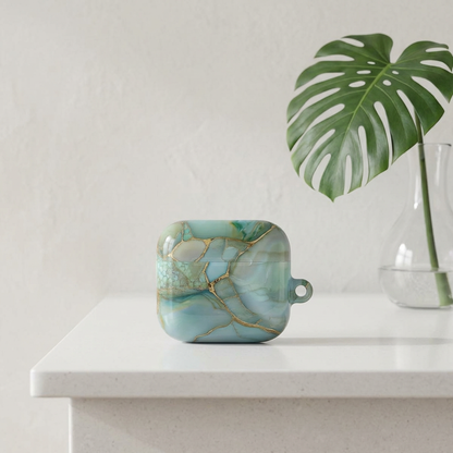 Teal marble AirPod case print with aqua stone and ochre veining