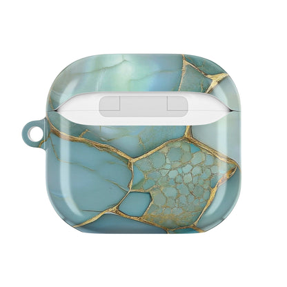 Teal marble AirPod case held in hand
