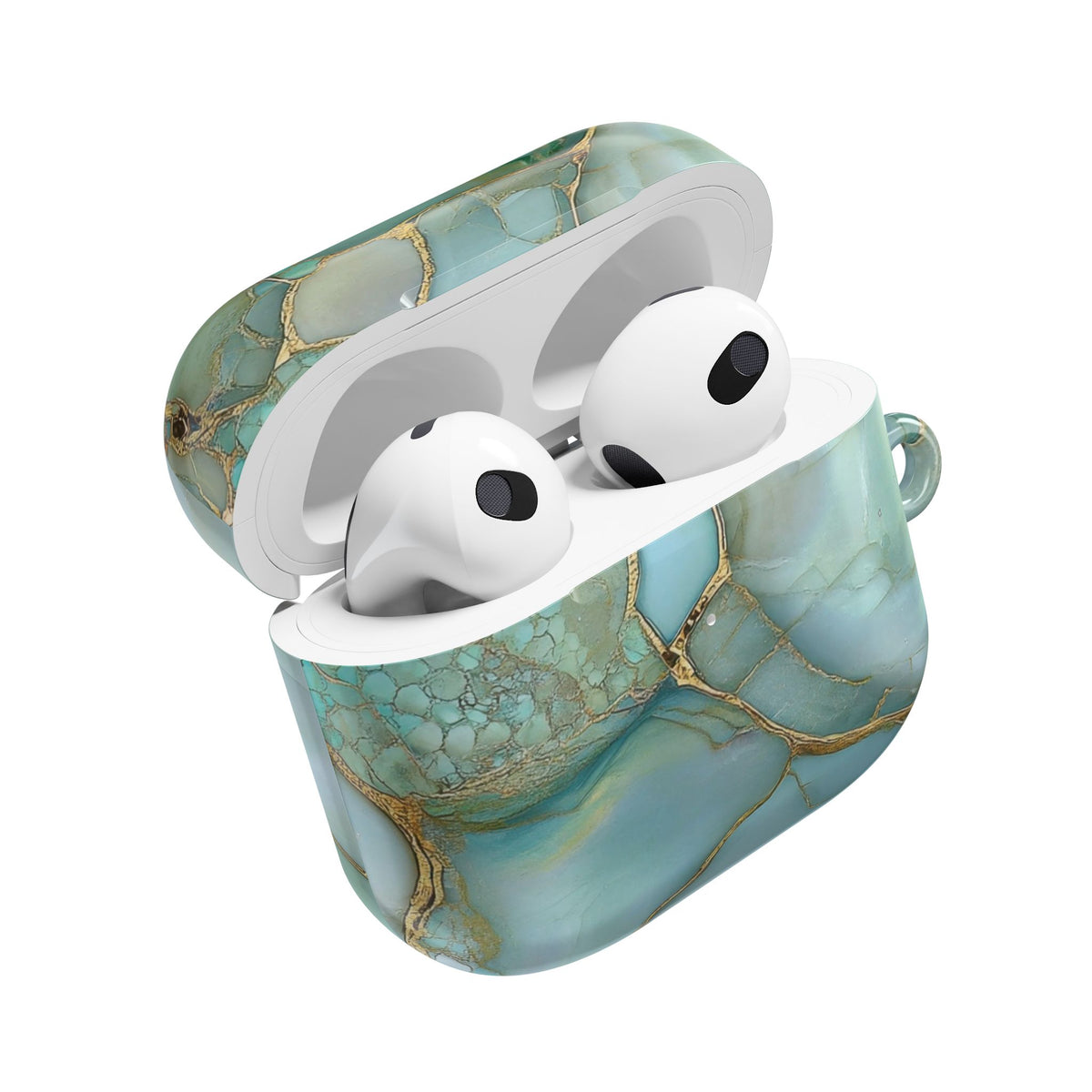 Teal marble AirPod case on a neutral background