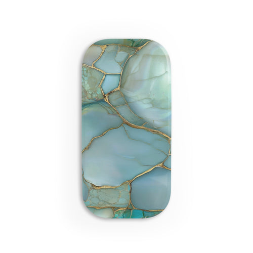Teal marble phone grip with ochre veining on aqua stone