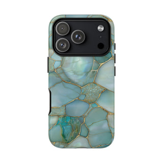 Teal marble tough phone case with ochre veining on aqua stone