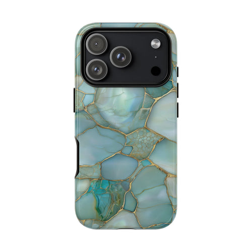 Teal marble tough phone case with ochre veining on aqua stone