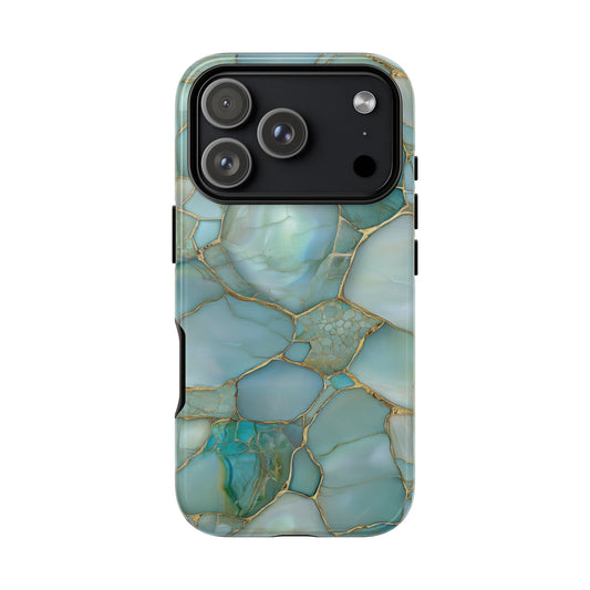 Teal marble tough phone case with ochre veining on aqua stone