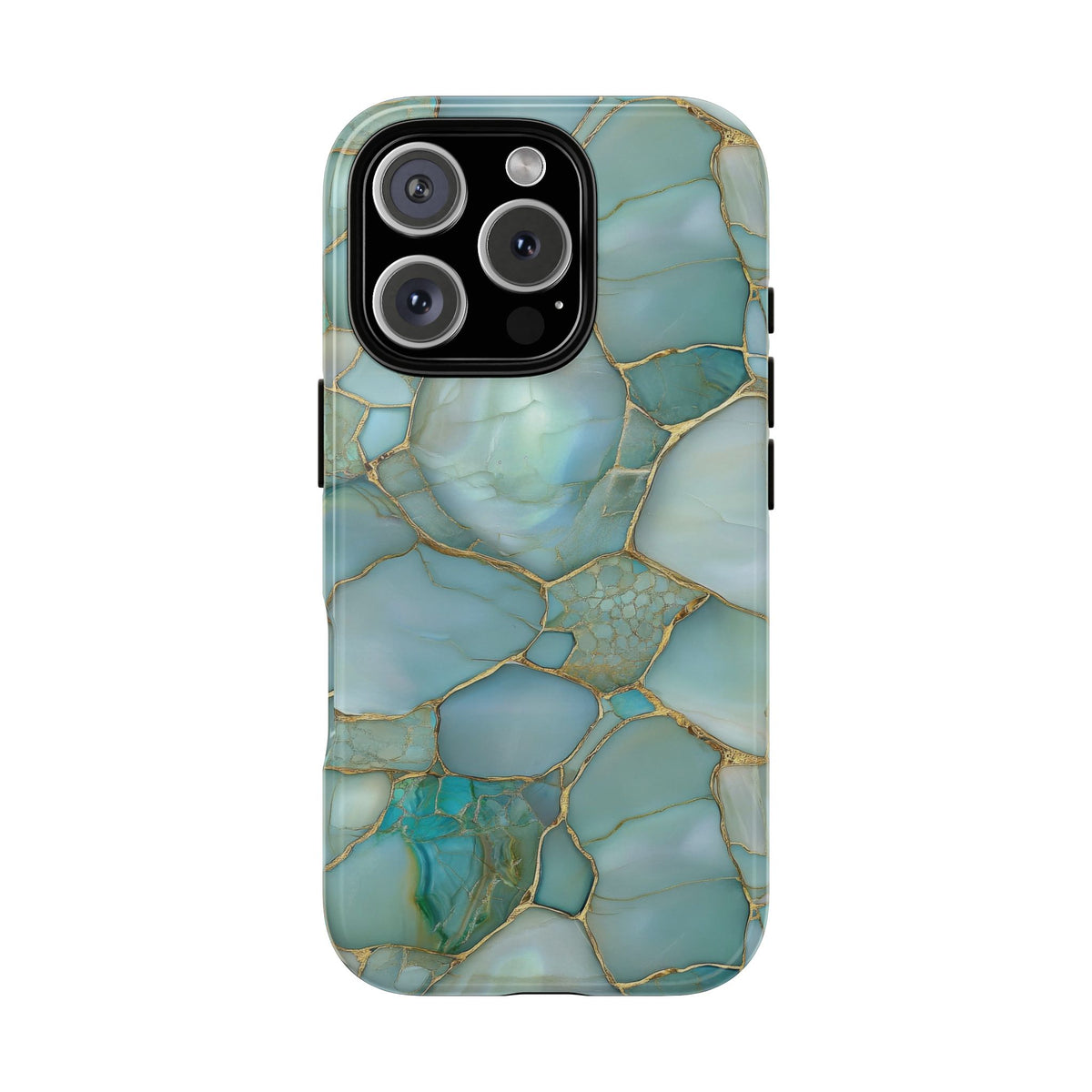 Teal marble tough phone case held in hand, ochre veined aqua pattern