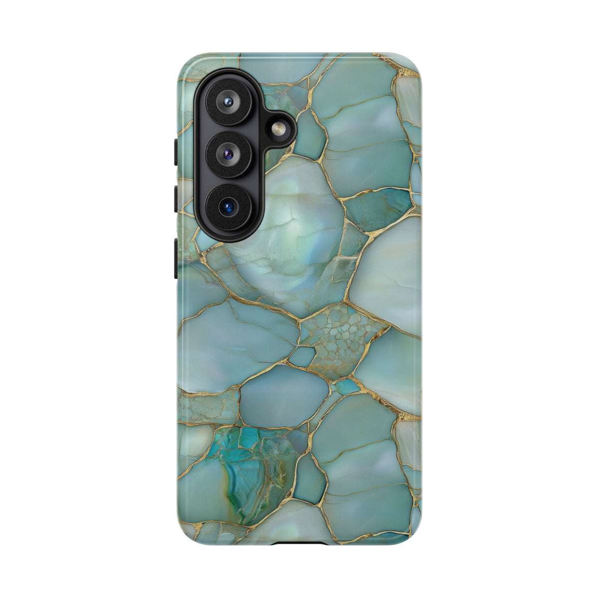Teal marble tough phone case, side view showing wrapped print