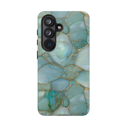Teal marble tough phone case, side view showing wrapped print