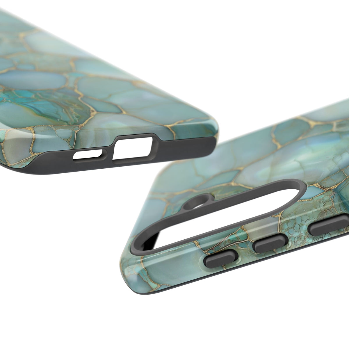 Teal marble tough phone case with ochre veins, back view