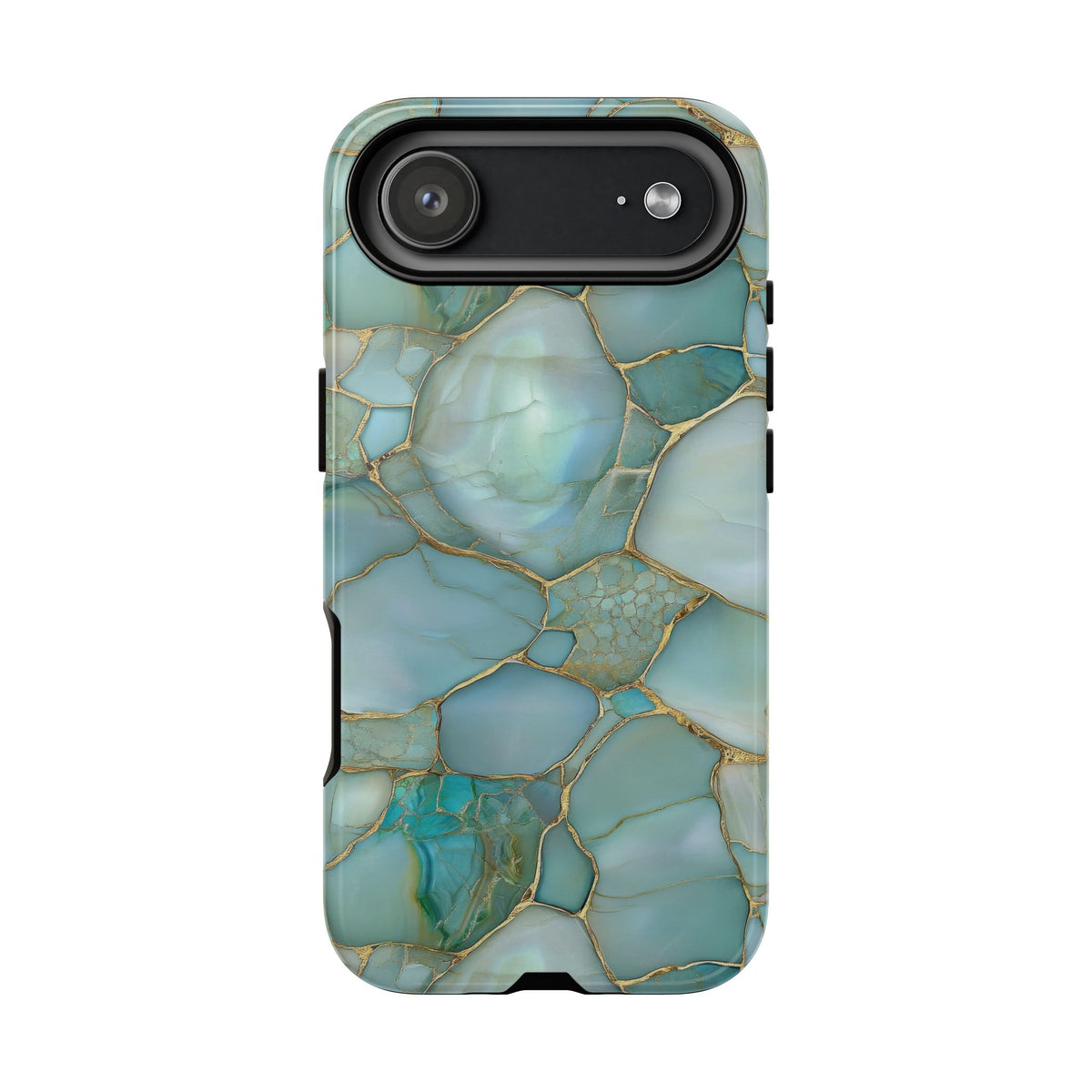 Teal marble tough phone case, dual layer shell detail