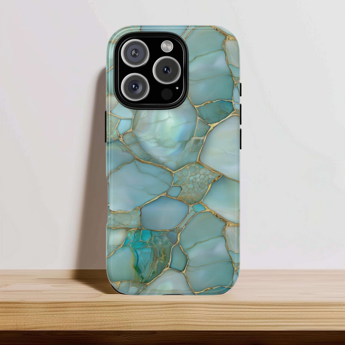 Teal marble phone case print with aqua stone and ochre veining
