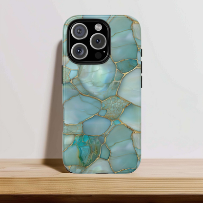 Teal marble phone case print with aqua stone and ochre veining