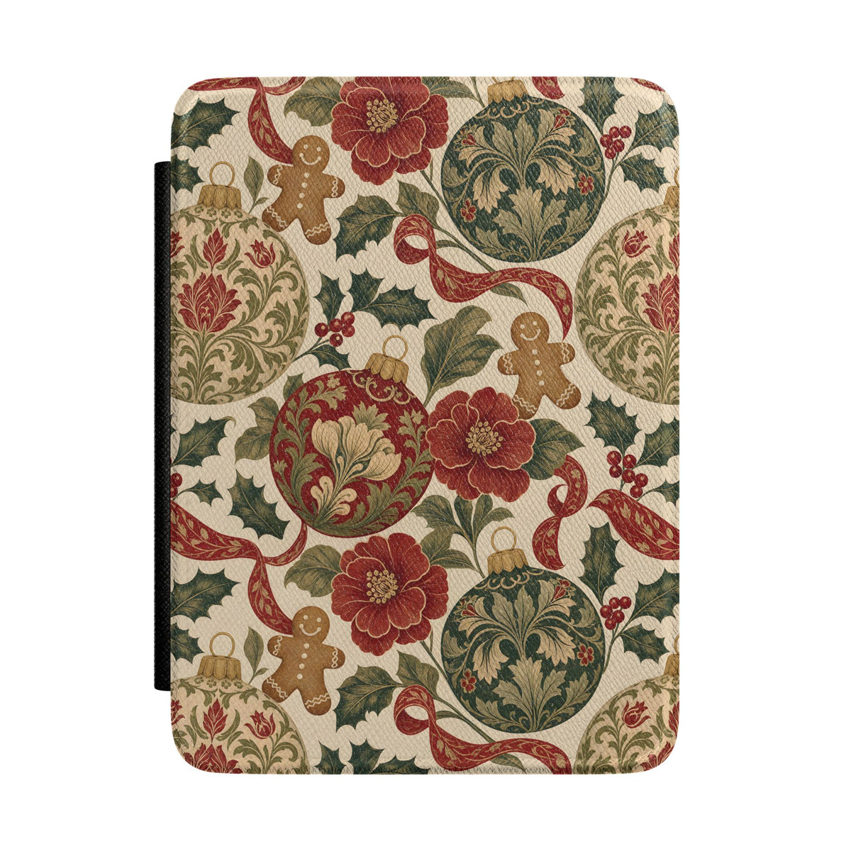 Vintage Christmas Kindle case with gingerbread men, ornaments and red flowers on cream, front view