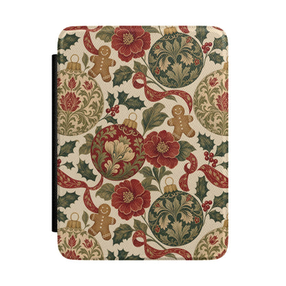 Vintage Christmas Kindle case with gingerbread men, ornaments and red flowers on cream, front view