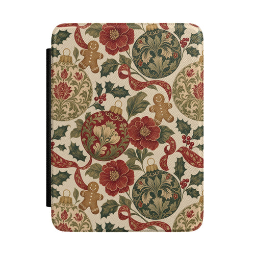 Vintage Christmas Kindle case with gingerbread men, ornaments and red flowers on cream, front view