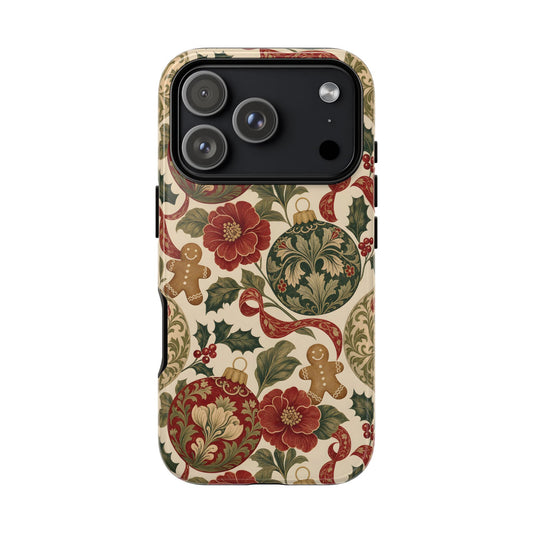 Vintage Christmas tough phone case with gingerbread men, ornaments and red flowers on cream