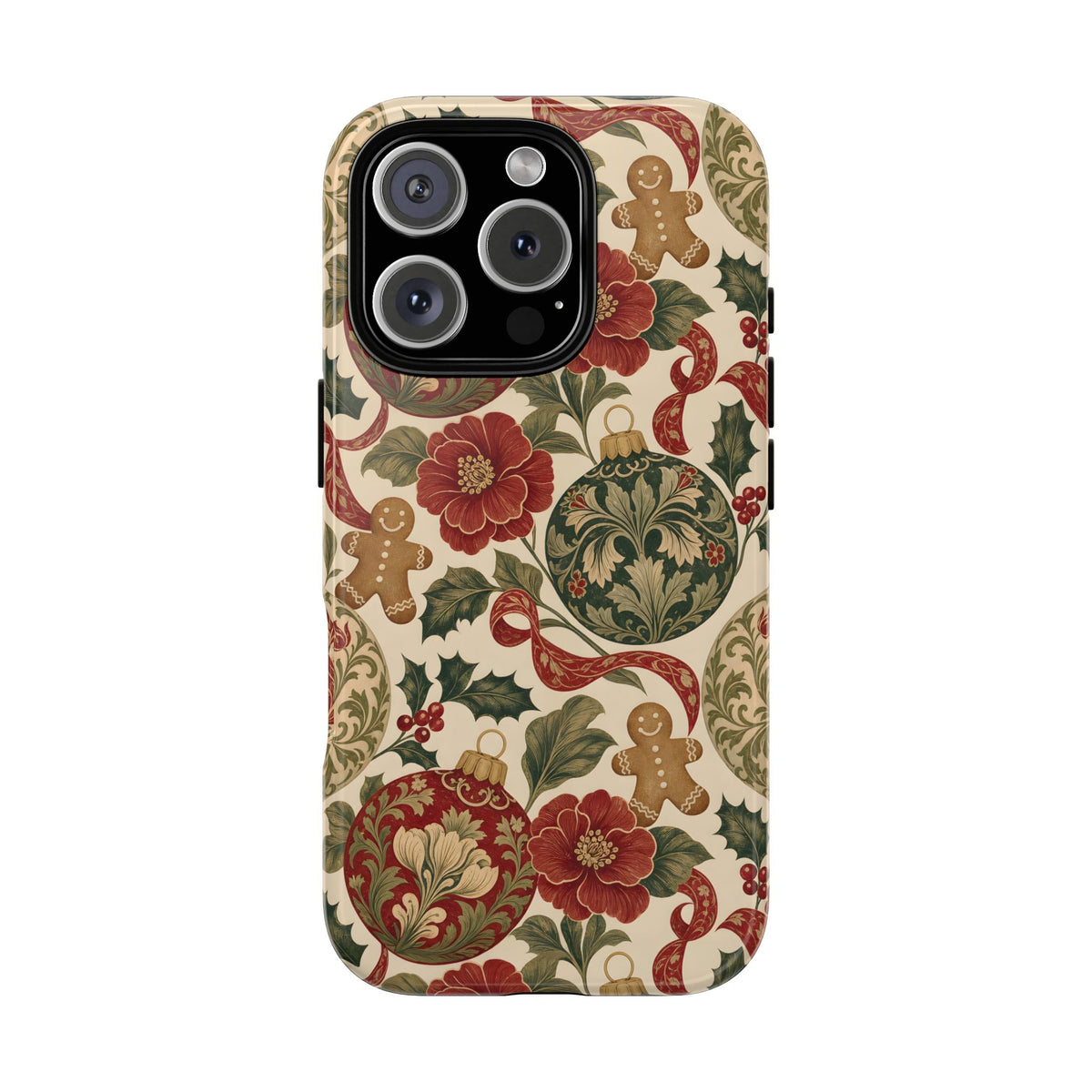 Vintage Christmas print tough phone case with holly and red ribbon, back view
