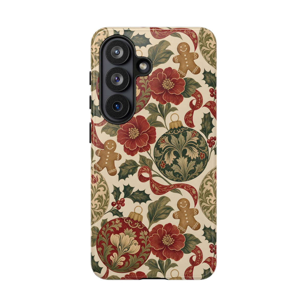 Christmas ornament and gingerbread tough phone case, angled side view