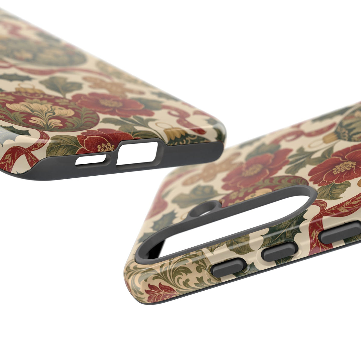 Cream and red Christmas floral tough phone case held in hand
