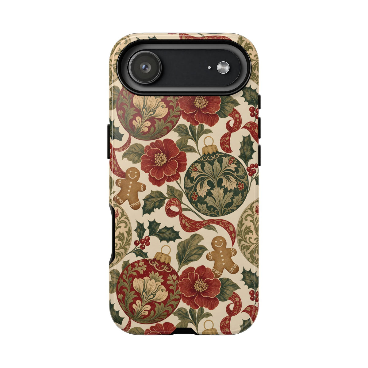 Vintage Christmas tough phone case with gingerbread print, close-up detail