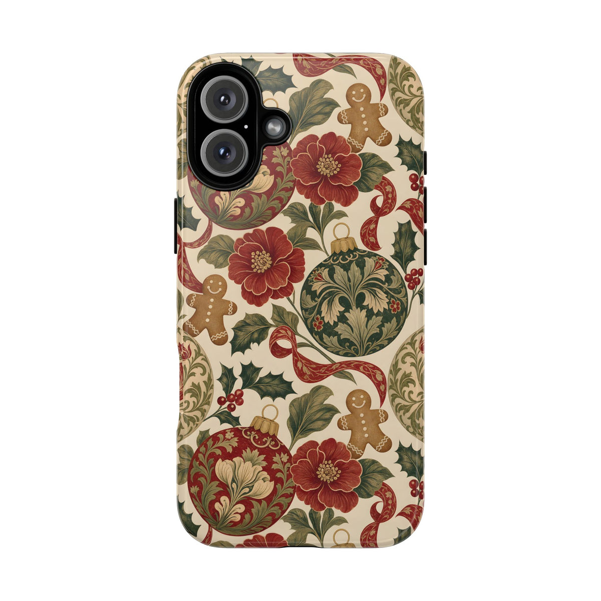 Holiday ornament print tough phone case in red, green and cream