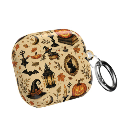 Vintage Halloween AirPod case with pumpkins and a black cat