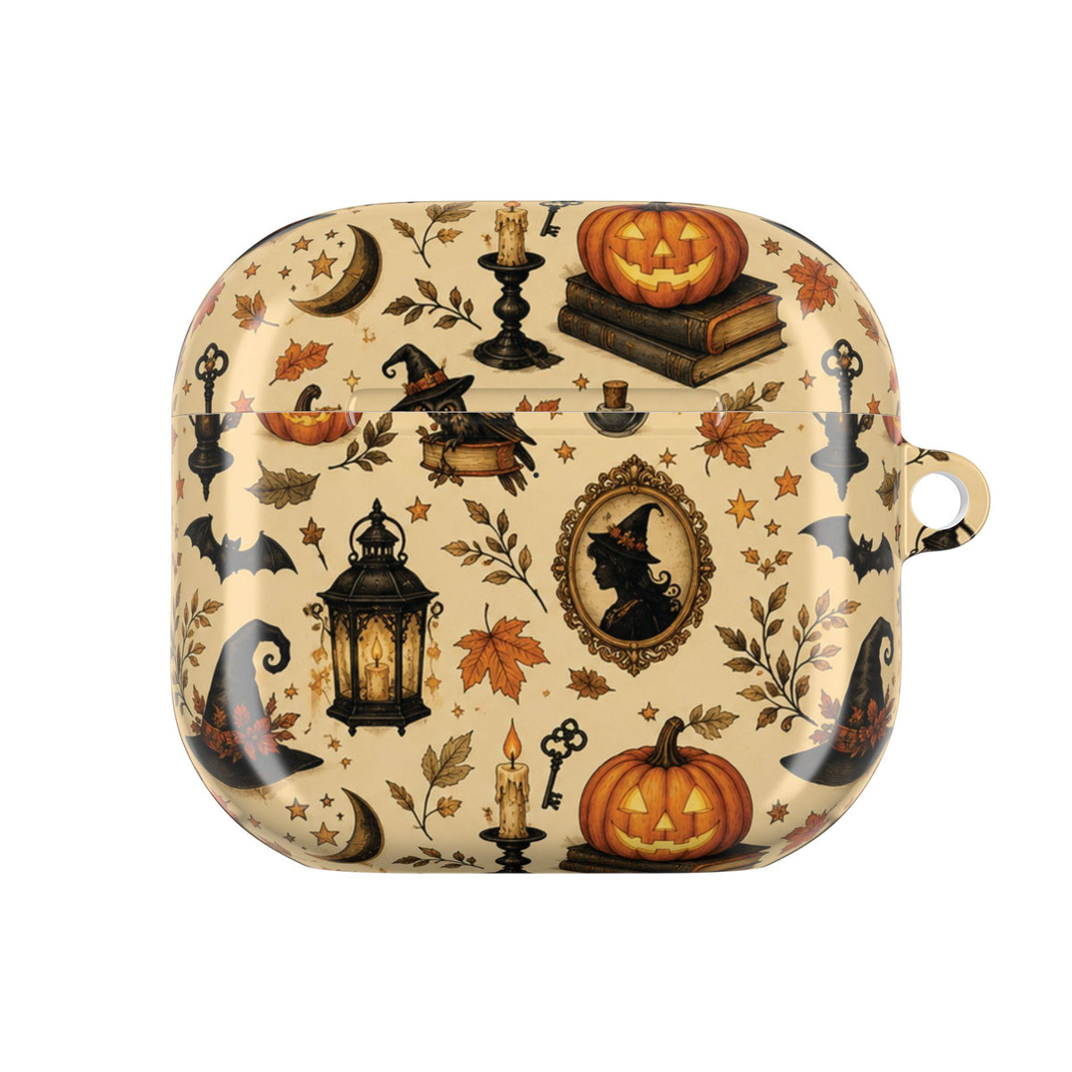 Halloween AirPod case with bats and lanterns, held in hand