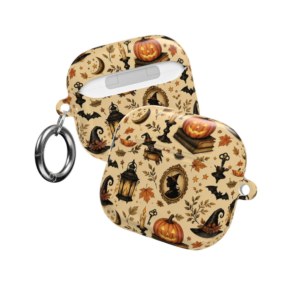 Halloween AirPod case on parchment ground, back view