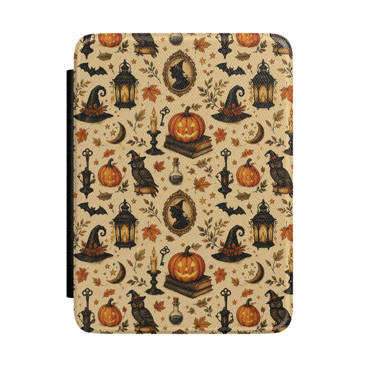 Vintage Halloween Kindle case with pumpkins and a black cat