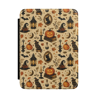 Vintage Halloween Kindle case with pumpkins and a black cat